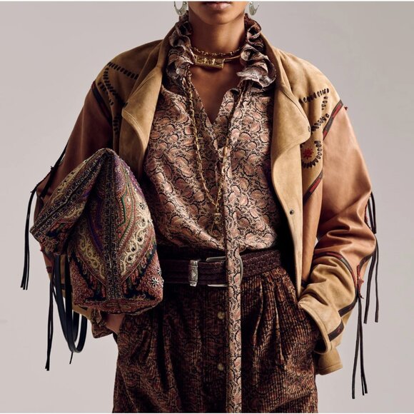 ETRO leather suede jacket 48 US 12 Western Native American tassels - Picture 3 of 13